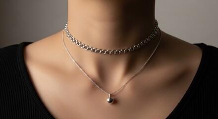 Close-up of a person's neck wearing two silver chain necklaces, one a choker