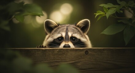 Fototapeta premium Close-up of a raccoon peeking over a wooden fence, surrounded by green foliage