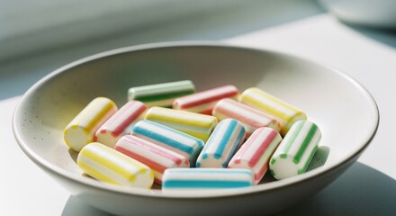 Naklejka premium Close-up of colorful striped candies arranged in a small white bowl, natural light