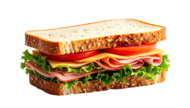 A classic ham and cheese sandwich with fresh lettuce and ripe tomato on multigrain sliced bread. A healthy and delicious lunch meal isolated on a transparent background for easy design use.