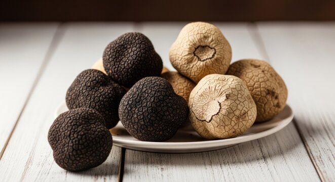 Close-up of several edible fungi, showcasing varied textured surfaces