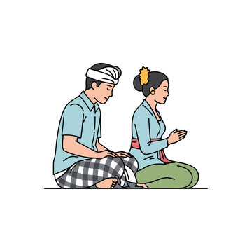Indonesian Couple in Traditional Attire Sitting in Reverent Prayer Pose