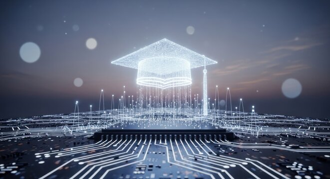 Digital graduation cap above a circuit board, representing education in the digital age