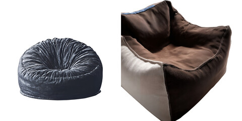 A collapsed brown and beige velvet bean bag chair next to its puffed up counterpart on a black background