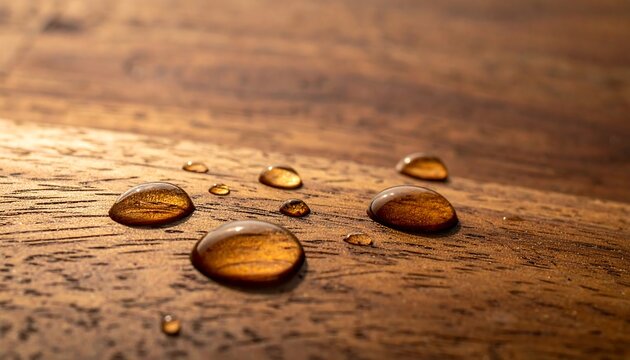 Water droplets sit atop a wooden surface with varied warm brown hues and a soft, blurred background