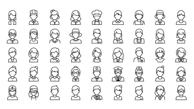 Grid of small line art people icons representing a diverse group of individuals in a uniform layout.