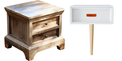 A wooden nightstand with a drawer and an empty white tray on a wooden stick are displayed against a black background