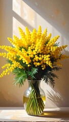 Vibrant yellow mimosa blooms arranged in a clear glass vase, basking in sunlit window ambiance against a neutral background