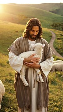 Vertical Video-Jesus Christ as the Good Shepherd holding a lamb in a grassy field with flock