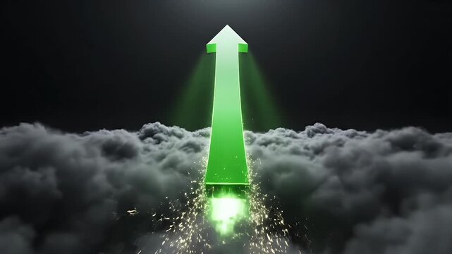 A neon green arrow surges upwards through dark, swirling clouds with sparks