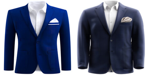 Two mannequins display stylish blue and navy blazers with white shirts and pocket squares on a black background