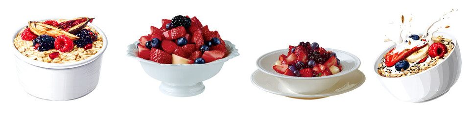 Four white dishes filled with oatmeal and fruit on a black background with a bowl of strawberries