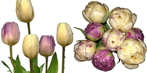 A beautiful arrangement of white and purple tulips with water droplets on their petals against a black background