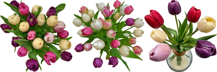 Three beautiful bouquets of tulips in various colors are arranged against a black background with one bouquet in a glass vase
