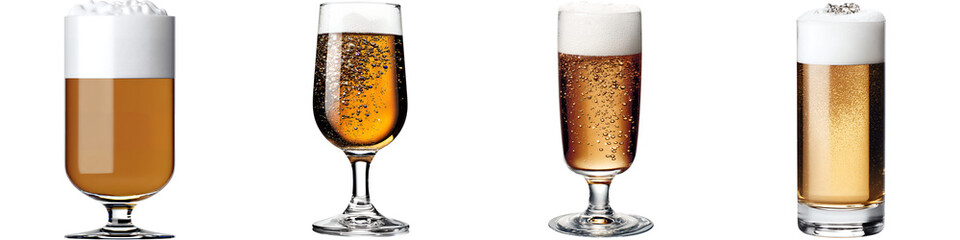 Four glasses of beer with varying amounts of foam on a black background