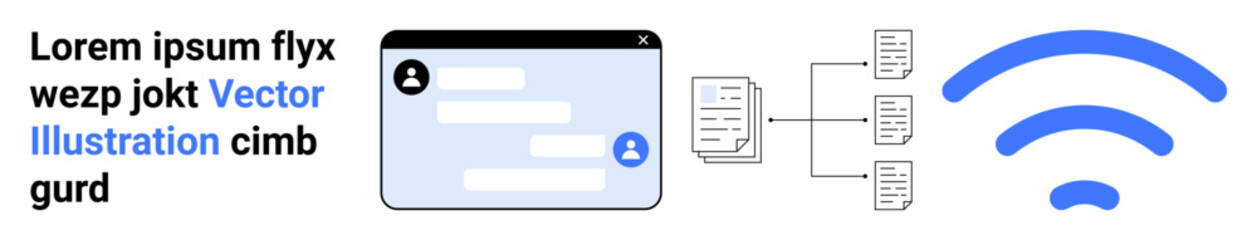 Fototapeta premium Digital communication, networking, data sharing, remote access, connectivity, technology. Chat interface, document network and wireless signal. Digital communication and networking concepts