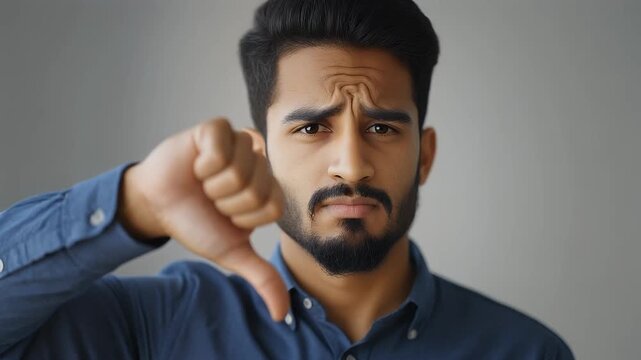 Unhappy man giving thumbs down sign in disapproval, facing camera with displeasure, expressing dissatisfaction and disappointment in a video footage.