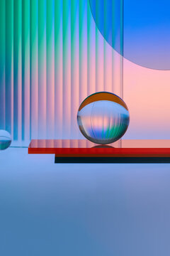 Abstract glass sphere reflecting colorful light background