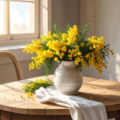 Vibrant yellow mimosa blooms fill a white vase on a wooden table by the window, draped with a soft cloth