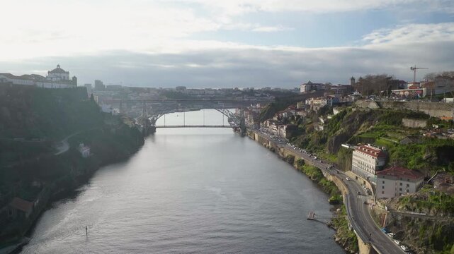 Distant view of the river bridges from a high elevation.