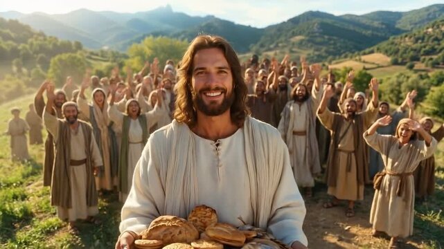 Jesus Christ smiling joyfully while holding a woven basket filled with loaves of bread and fish to feed a multitude.