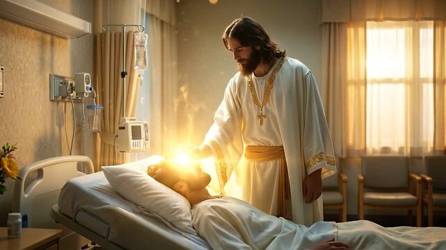 Jesus Christ in white and gold robes standing by a hospital bed, placing a glowing hand on a patient's forehead to heal him.