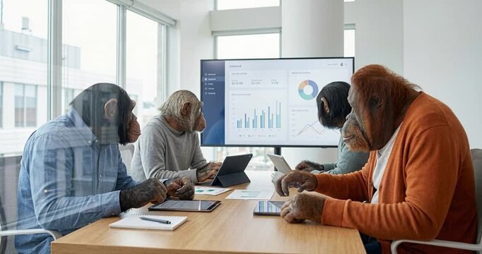 Apes in business meeting analyze charts and data in modern office