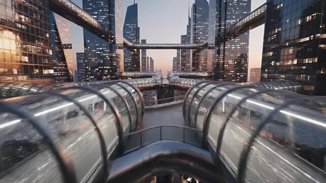 Futuristic city with glass tubes connecting skyscrapers at dusk