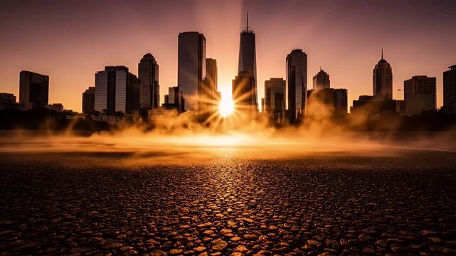 Cityscape silhouetted against a fiery sunset with sunlight beaming through mist