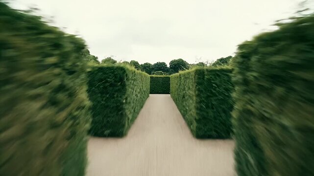 A walking path leads through a dense, green hedge maze towards trees