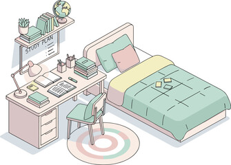 Isometric Modern Student Bedroom Interior Design Featuring Study Desk Bookshelf Bed Globe And Study Plan Board For Education Lifestyle Vector