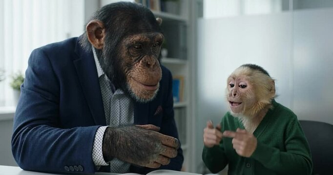 Chimpanzee and capuchin in office meeting business concept