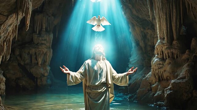 Jesus Christ standing in the water receiving baptism with a white dove descending from above amidst shafts of divine light.