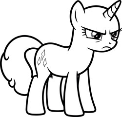 Obraz premium Angry Young Unicorn Cartoon Character in Black and White Illustration