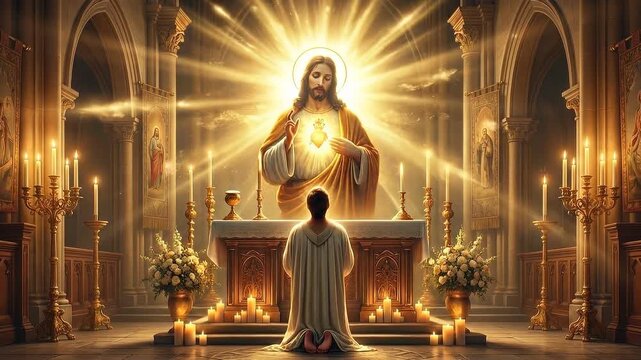 Jesus Christ appearing in a divine vision with the Sacred Heart above a church altar while a priest kneels in prayer.