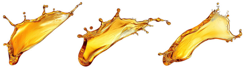 Three Dynamic Golden Liquid Splashes on White Background
