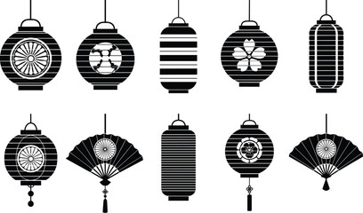 Set of black Japanese lanterns and folding fan silhouettes isolated on white background for traditional oriental festival and Asian culture design, © Faruk Here