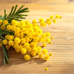 Vibrant yellow Mimosa blossoms and green foliage set against warm, textured, natural wooden plank background