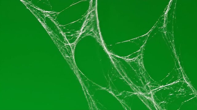 Delicate white spiderwebs shimmer and catch light against a vibrant green background