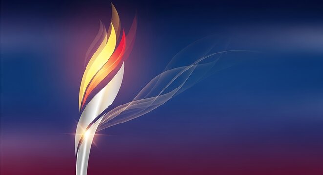 Vibrant stylized torch with a bright, dynamic flame, symbolizing spirit, victory, and honor against a patriotic gradient blue and red background, perfect for inspirational and celebratory themes