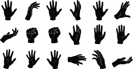 Obraz premium Set of human hand silhouettes and gesture icons, open palm and fist vectors, expressive finger poses for communication and touch,