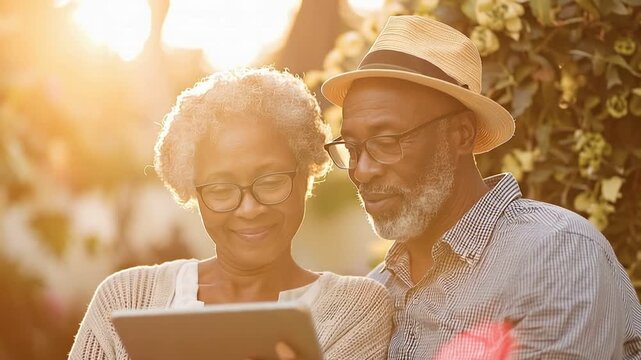 Digital Connection in Golden Years: An elderly couple, their faces etched with the wisdom of life, share a moment of connection as they engage with a tablet amidst the warm embrace of sunlight.