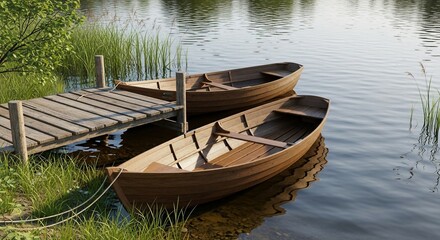 Two Wooden Rowboats Moored at a Rustic Dock on a Calm Lake, Reflecting Serenity