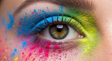 Vibrant Eye Art: Close-Up of Colorful Powder Makeup on Eyelids and Lashes
