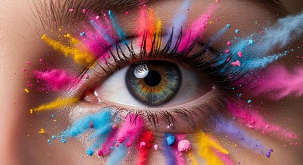 Vibrant Eye Art: Close-Up of Colorful Powder Explosion on Eyelashes