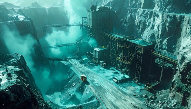 Dramatic View of a Massive Open-Pit Mining Facility and Processing Plant in a Deep Canyon. Heavy industrial operation with haul trucks under moody, teal lighting.