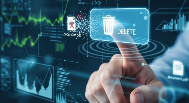 Close up of a hand pressing a virtual delete button removing a file from a system