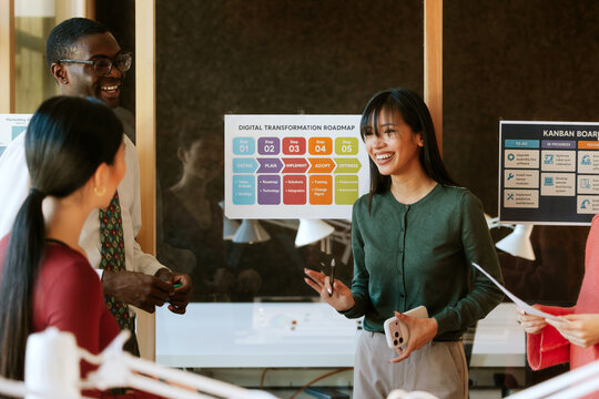 Diverse team discussing digital transformation roadmap