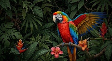 Vibrant Macaw Perched Amidst Lush Tropical Foliage and Exotic Blooms
