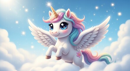 Whimsical Winged Unicorn Soaring Through Dreamy Clouds with Sparkling Horn